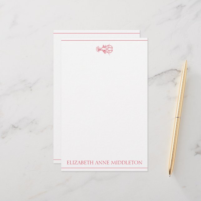 Coastal Preppy Red and White Lobster Personalised Stationery (Front/Back In Situ)