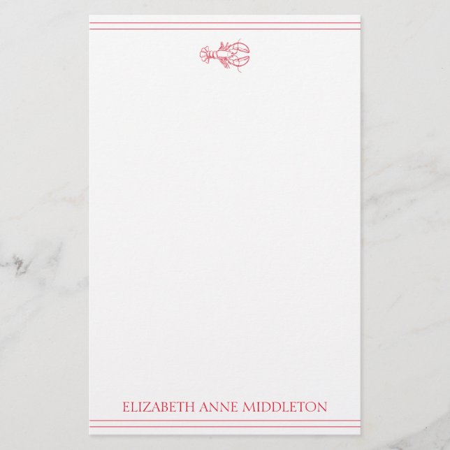 Coastal Preppy Red and White Lobster Personalised Stationery (Front)