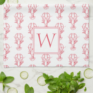 Coastal Preppy Red and White Lobsters Monogram Tea Towel