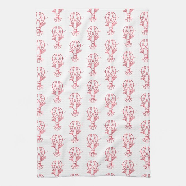 Coastal Preppy Red and White Lobsters Tea Towel (Vertical)
