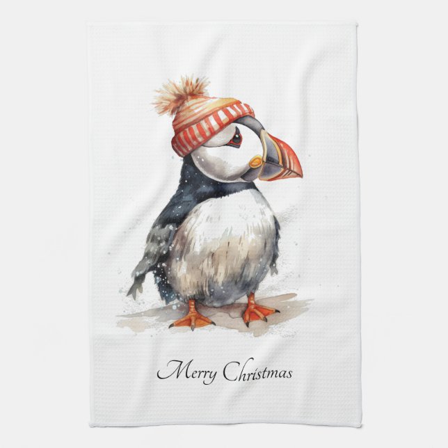 Coastal Puffin Christmas Kitchen Decor Tea Towel (Vertical)