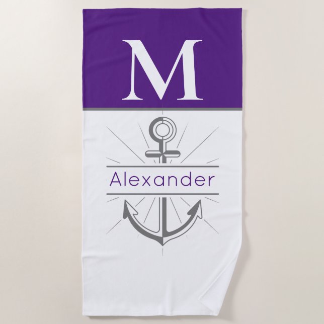Coastal Purple Anchor Nautical Monogram Name Beach Beach Towel (Front)