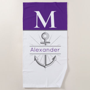 Coastal Purple Anchor Nautical Monogram Name Beach Towel