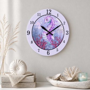 Coastal Purple Seahorse Wall Clock