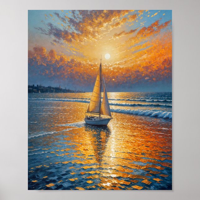 Coastal Radiant Sunset Sailboat Oil Painting Wall Poster (Front)