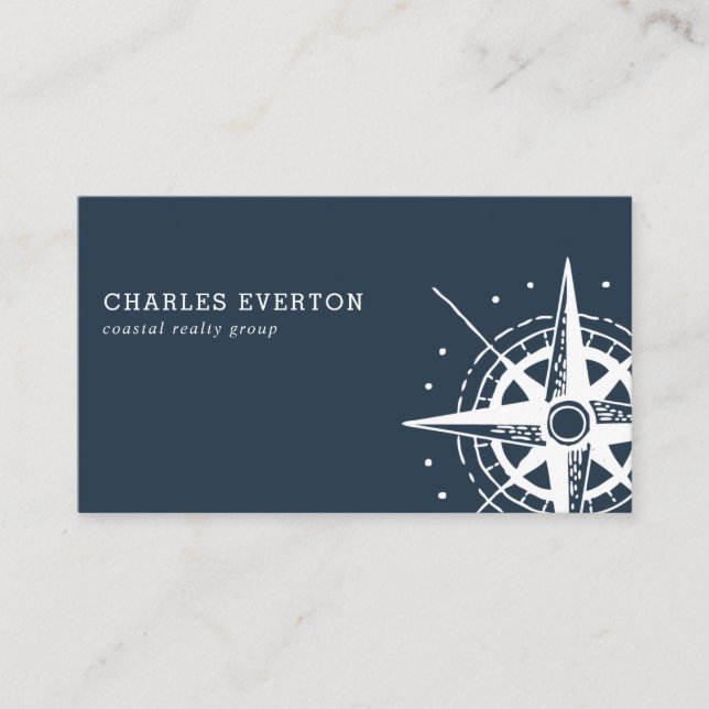 Coastal Real Estate Nautical Themed Compass Navy Business Card (Front)