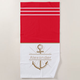 Coastal Red Anchor Nautical Monogram Name Bath Tow Beach Towel