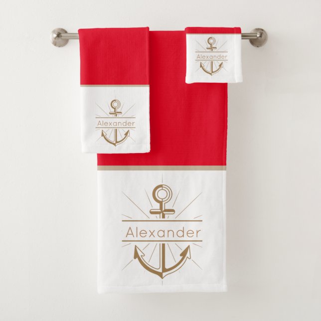 Coastal Red Anchor Nautical Monogram Name Bath Towel Set (Insitu)