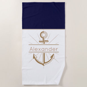 Coastal Red Anchor Nautical Monogram Name Beach Towel