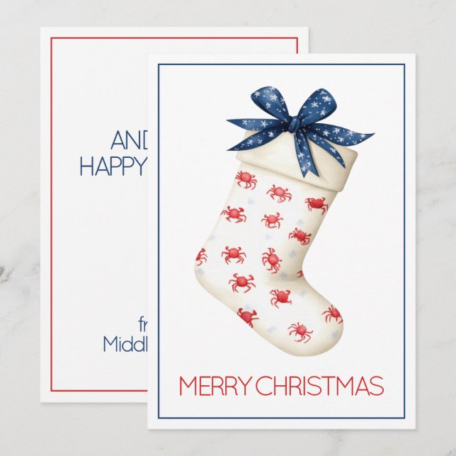 Coastal Red Crab Christmas Stocking Holiday Card (Front/Back)