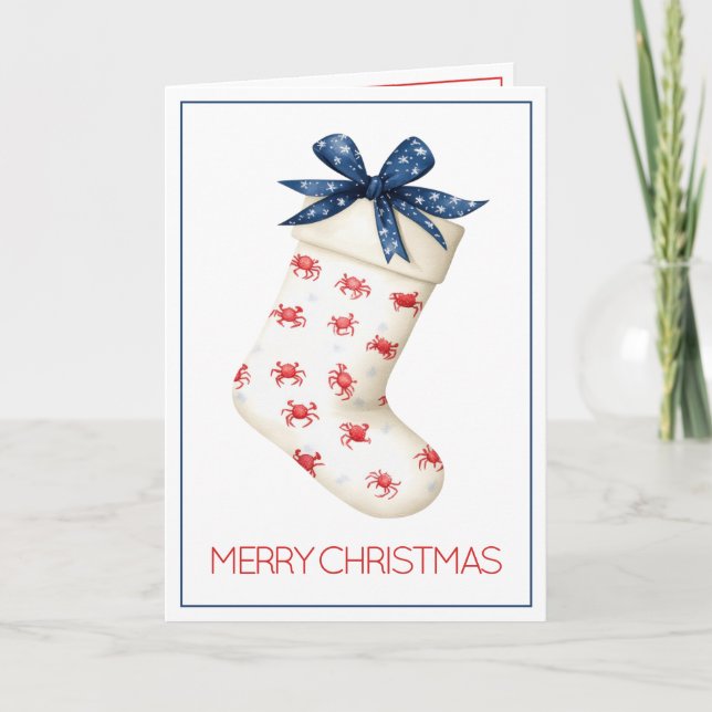 Coastal Red Crab Christmas Stocking Holiday Card (Front)