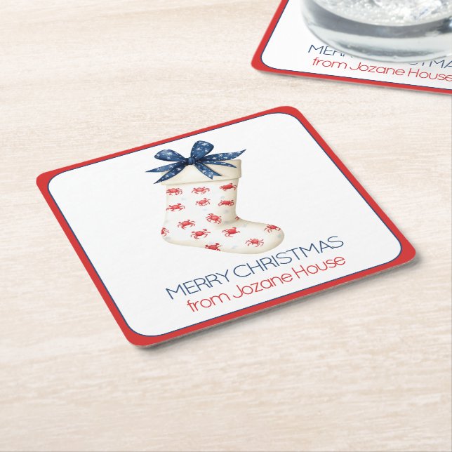 Coastal Red Crab Christmas Stocking Square Paper Coaster (Angled)