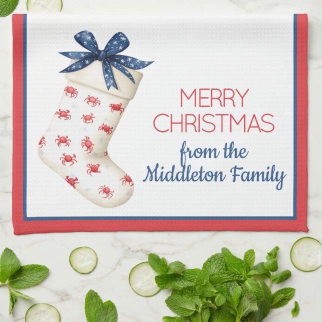 Coastal Red Crab Christmas Stocking Tea Towel (Folded)