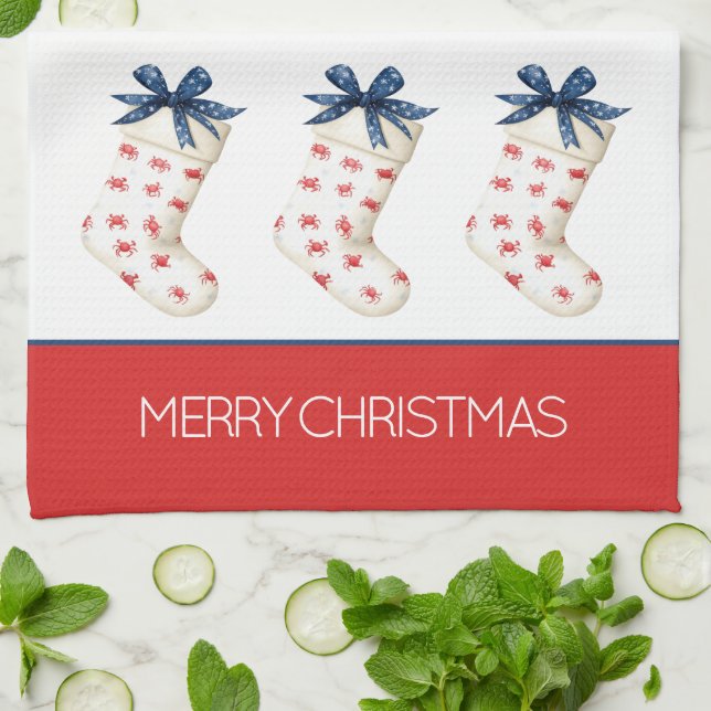 Coastal Red Crab Christmas Stocking Tea Towel (Folded)