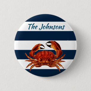 Coastal Red Crab Nautical Stripes 6 Cm Round Badge