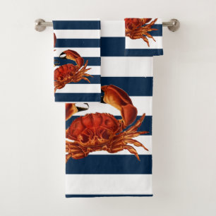 Coastal Red Crab Nautical Stripes Bath Towel Set