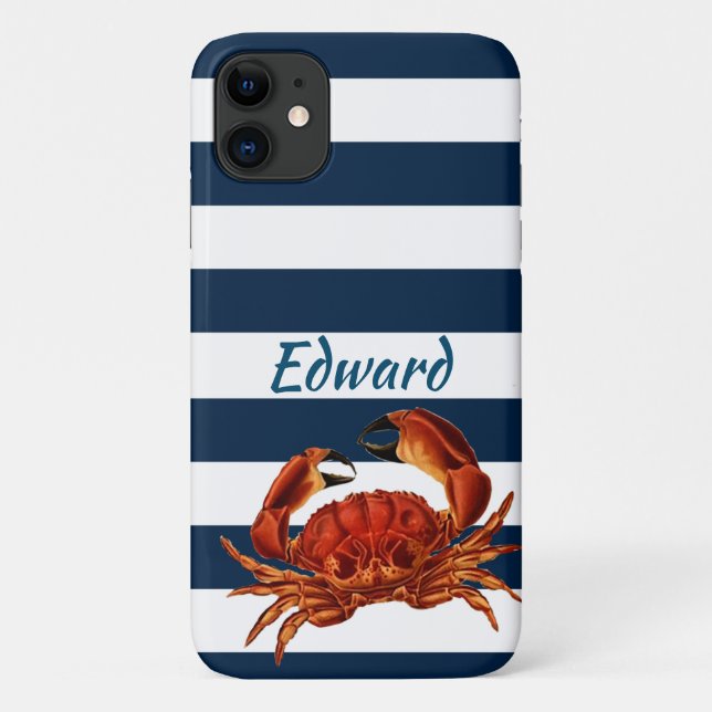 Coastal Red Crab Nautical Stripes Case-Mate iPhone Case (Back)