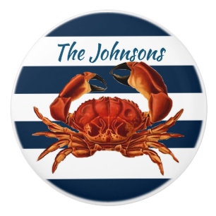 Coastal Red Crab Nautical Stripes Ceramic Knob