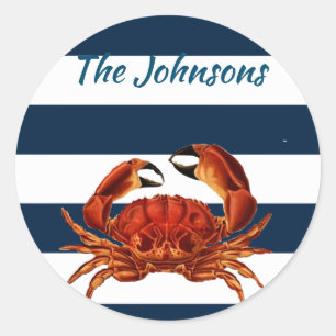 Coastal Red Crab Nautical Stripes Classic Round Sticker