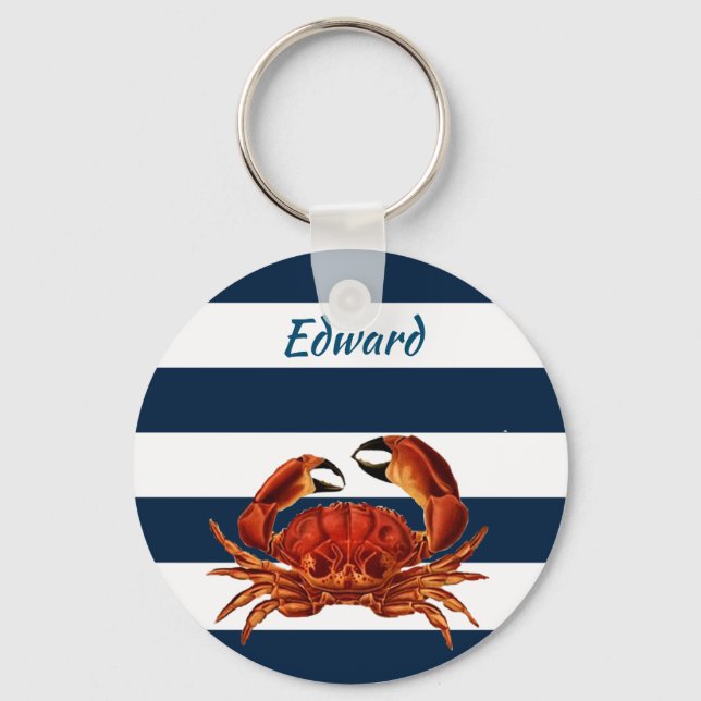 Coastal Red Crab Nautical Stripes Key Ring (Front)