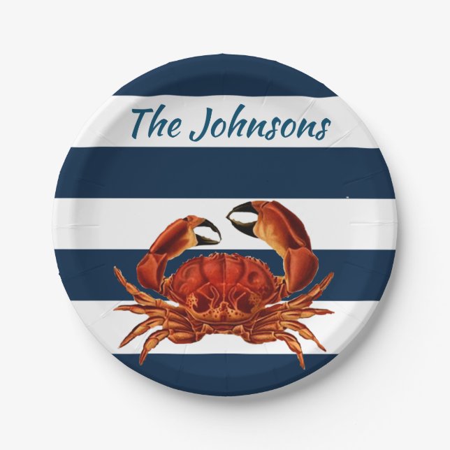 Coastal Red Crab Nautical Stripes Paper Plate (Front)
