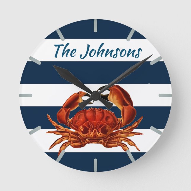 Coastal Red Crab Nautical Stripes Round Clock (Front)