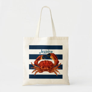Coastal Red Crab Nautical Stripes Tote Bag