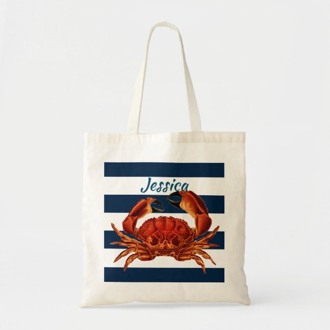 Coastal Red Crab Nautical Stripes Tote Bag (Front)