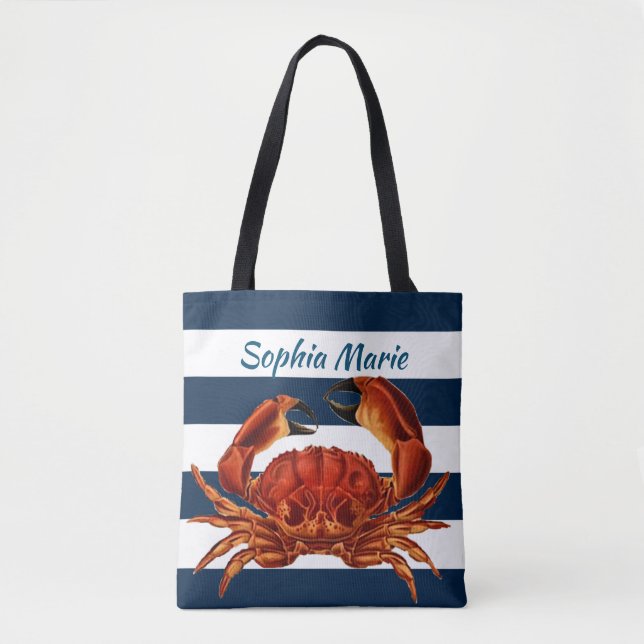 Coastal Red Crab Nautical Stripes Tote Bag (Front)