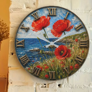 Coastal Red Poppy Seaside Wildflower Landscape Large Clock