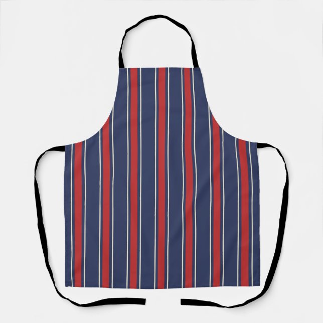 Coastal Resort Awning Stripe Kitchen Navy Red Apron (Front)