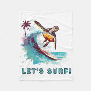 Coastal Retro Surfing Turtle - Let's Surf Fleece Blanket