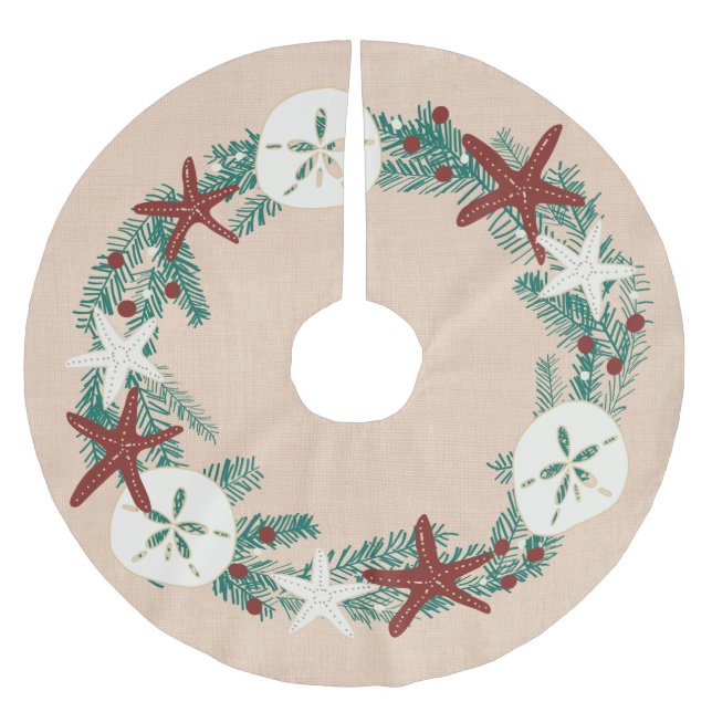 Coastal Rustic Beach Christmas Holiday Starfish Brushed Polyester Tree Skirt (Front)