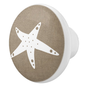Coastal Rustic Faux Burlap & White Starfish Ceramic Knob