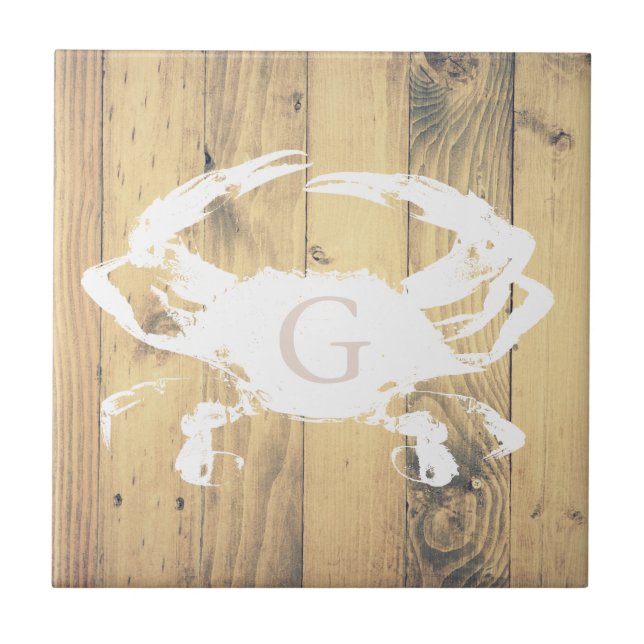 Coastal Rustic Wood Planks White Crab | Monogram Tile (Front)