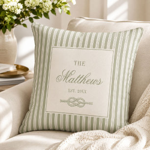 Coastal Sage Stripe Love Knot Family Name Cushion