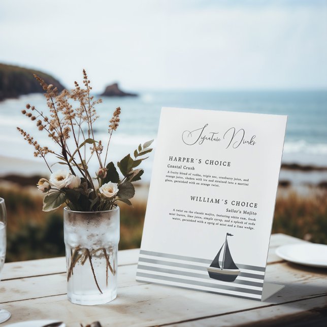 Coastal sailboat signature drinks wedding menu pedestal sign (Elegant signature drinks pedestal sign, perfect for a coastal, new english wedding.)