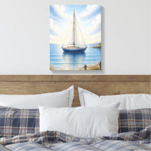 Coastal Sailboat Stretched Canvas Wall Hanging Print