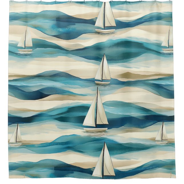 Coastal Sailboat Waves Nautical Pattern (2) Shower Curtain (Front)