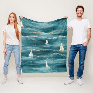Coastal Sailboat Waves Nautical Pattern (3) Fleece Blanket