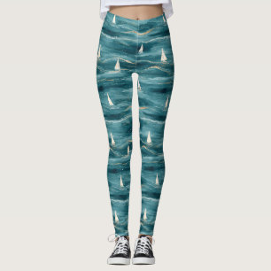 Coastal Sailboat Waves Nautical Pattern (3) Leggings