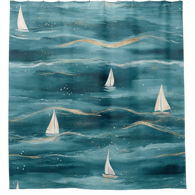 Coastal Sailboat Waves Nautical Pattern (3) Shower Curtain (Front)