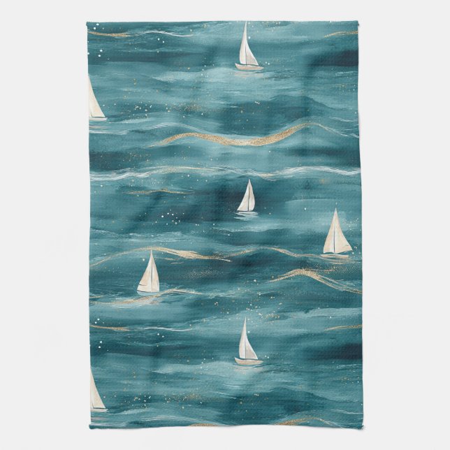 Coastal Sailboat Waves Nautical Pattern (3) Tea Towel (Vertical)