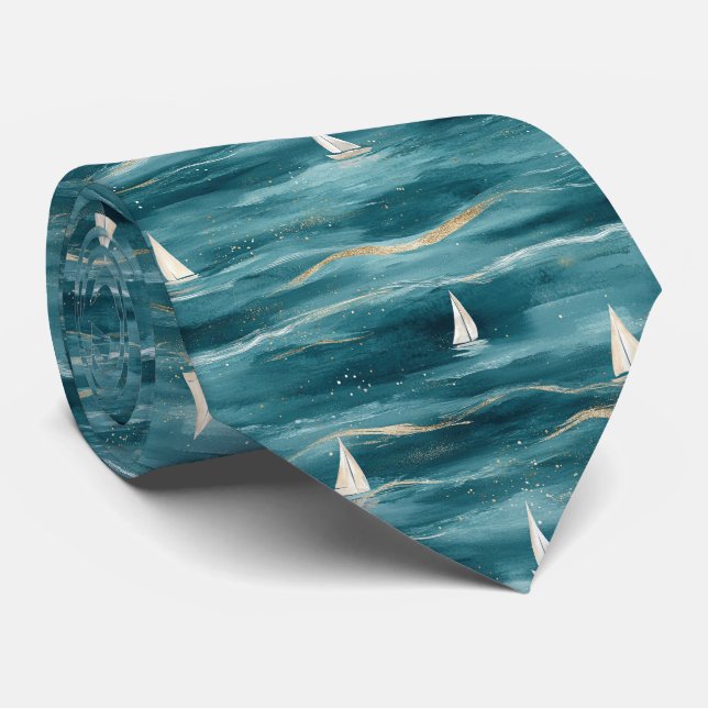 Coastal Sailboat Waves Nautical Pattern (3) Tie (Rolled)