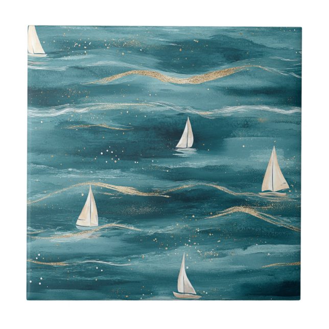 Coastal Sailboat Waves Nautical Pattern (3) Tile (Front)