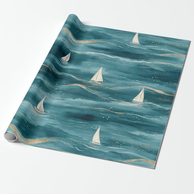Coastal Sailboat Waves Nautical Pattern (3) Wrapping Paper (Unrolled)