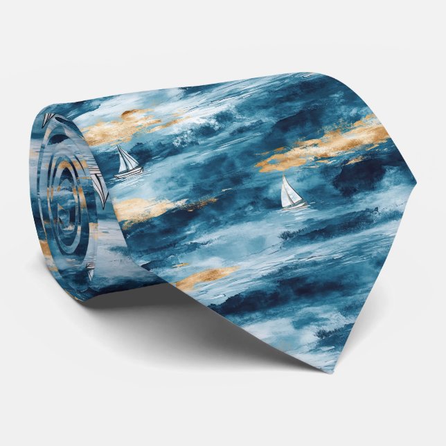 Coastal Sailboat Waves Nautical Pattern (4) Tie (Rolled)