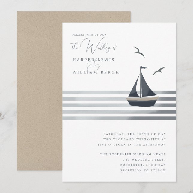 Coastal sailboat wedding invitation (Front/Back)