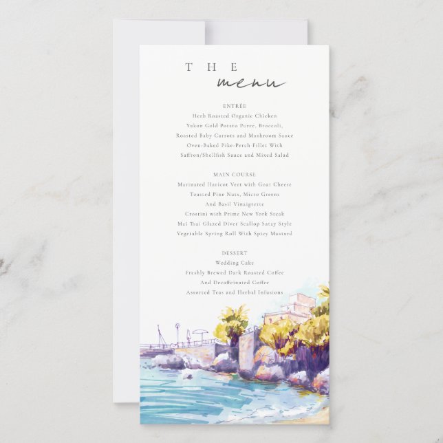 Coastal Sand Beach Rock Seascape Wedding Menu Card (Front)