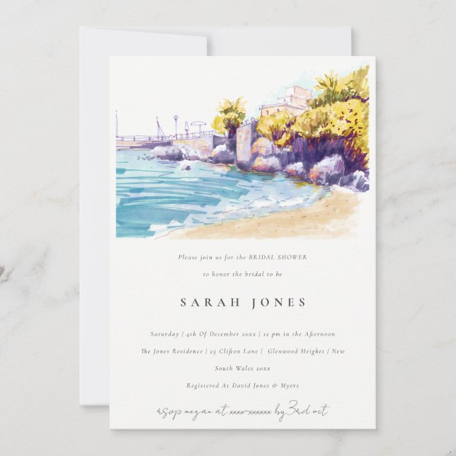 Coastal Sand Beach Rocky Seascape Bridal Shower Invitation (Front)
